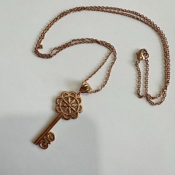 Gold Tone Key Pendant Long 32" Necklace Signed Turkey - Picture 2 of 4